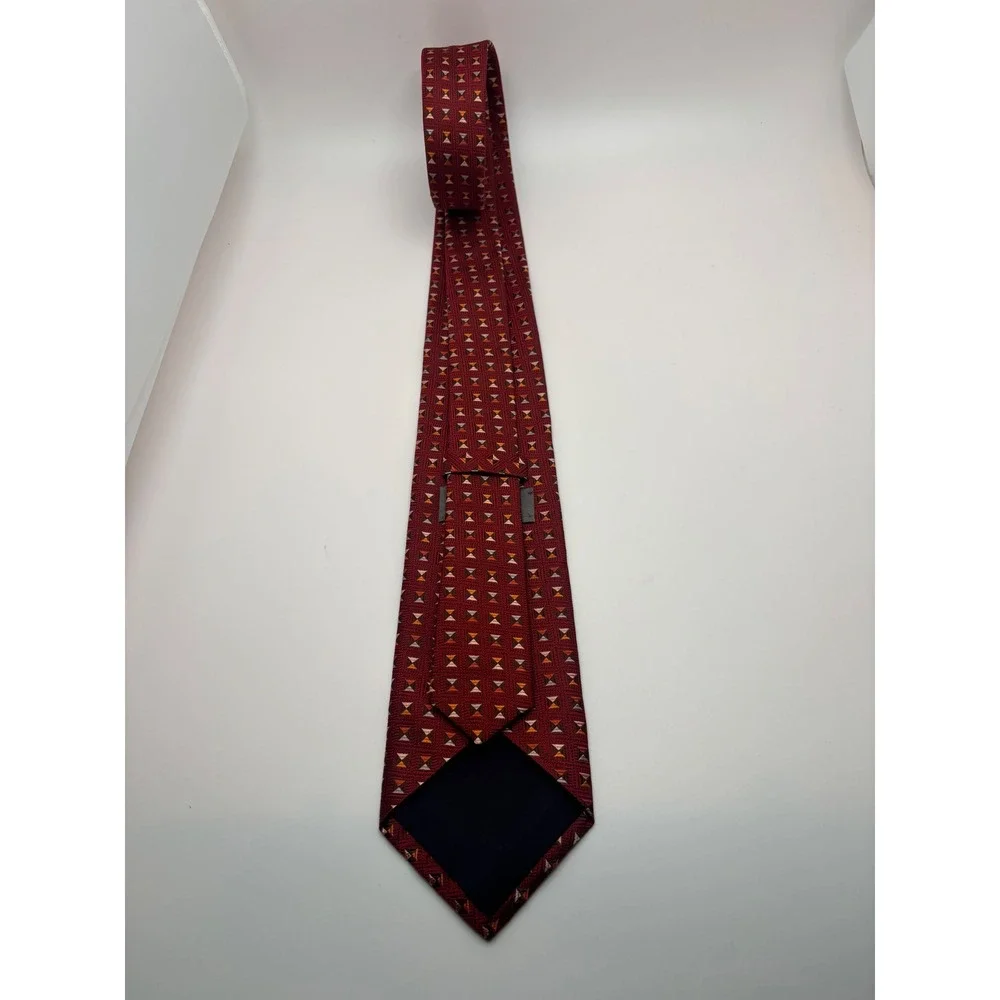 Genesis Handmade Mens Italian SilkTie Burgundy Red Geometric Pattern Made in USA